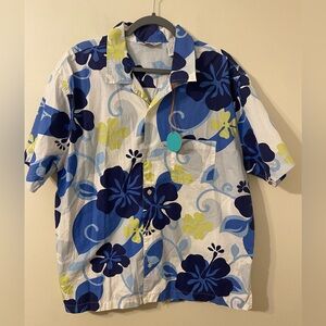 NOS VTG Structure White Blue Floral Hawaiian Shirt‎ Size XL 100% Cotton